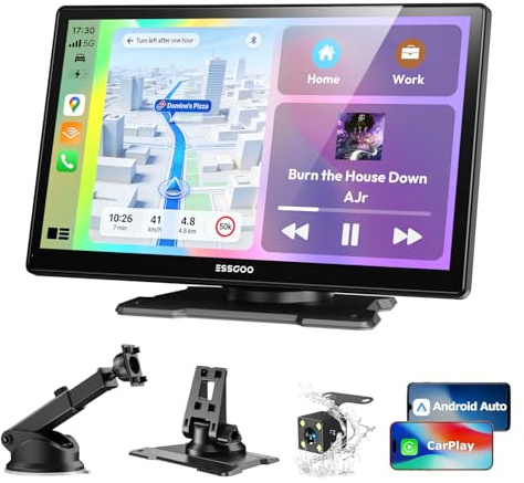 ESSGOO Pantalla Carplay Coche con Cámara Retrovisora,9 Pulgadas Apple Car Play Android Auto Inalámbrico,Pantalla Táctil Portátil Radio Coche con Bluetooth,Airplay,Mirror Link,FM,AUX,Siri,Navegación