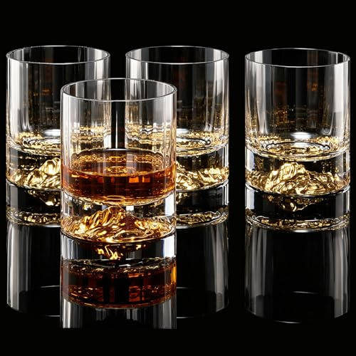 DUJUST Whiskey Glasses Set of 4(330ml),Gold Mountain Design, Rocks Glasses for Bourbon, Scotch, Cocktail Tasting at Home Bar, Heavy Crystal Old Fashioned Glass, Unique Gift Chioce, BPA-Free&Lead-Free