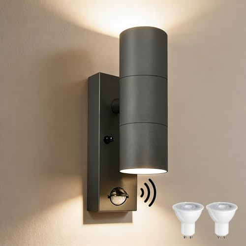 YOVGQOLV PIR Außenlampe mit Bewegungsmelder Up and Down 230V GU10 | Edelstahl Wandlampe Aussen mit 2×5W GU10 Glühbirne(3000 K),IP54 Wasserdichte LED Aussenleuchten Hauswand,1Stück-Anthrazit