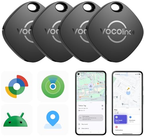VOCOlinc Air Tracker Tags-4 Pack for iOS & Android, Item Finder Compatible with Apple Find My and Google Find Hub App, Bluetooth Luggage Tag for Wallet, Backpack, Keys, Bags
