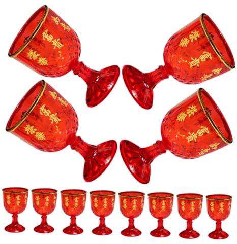 HIAKDOFT 12 Pezzi Coppe di Vino Festive in Plastica Rossa 40ml, Bicchieri da Liquore Piccoli per Matrimoni e Ricevimenti, Calici da Sposa Scritte Augurali per Feste e Celebrazioni