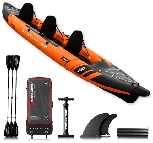 SKINHAWK Prestige Orange Kajak Set 490 – Schlauchboot – Kanu - 490 x 96 cm - 3 Personen Kajak (Set mit Alu-Paddel)