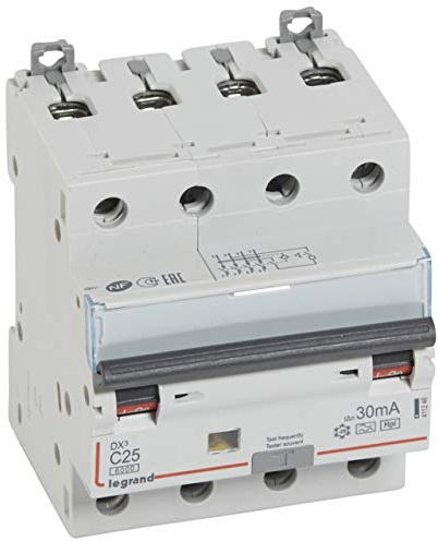 Legrand 411246 Disjoncteur différentiel monobloc DX³6000 10kA arrivée haute et départ bas à vis, 4P, 400V, 25A typeF, 30mA