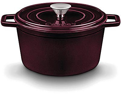 CASTEY - Cacerola Alta de Hierro, 20 cm, Color Burdeos, Cazo Indeformable, Resistente a las Altas Temperaturas, Tapadera con Sistema de Humidificación, Pomo de Acero Inoxidable