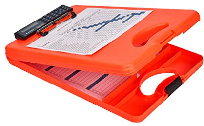 Läufer 53402 DeskMate II Safety mit Taschenrechner, Klemmbrett auf Formularkassette mit Griff, unten öffnend, unterteiltes Innenfach, Kunststoff, Signalfarbe neonorange, für DIN A4