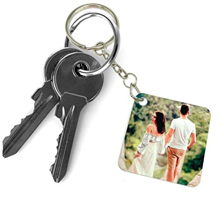Saphir Design Schlüsselanhänger personalisiert Foto beidseitig Metall quadratisch 4x4cm | personalisierter Schlüsselanhänger mit Bild 2 Motive möglich | Fotogeschenke personalisierte Geschenke Foto