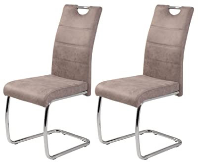 Hela Tische 2er Set Schwingstuhl, Küchenstuhl Flora II, Microfaser Vintage Beige, Rundrohrgestell verchromt, Lehne mit Griff