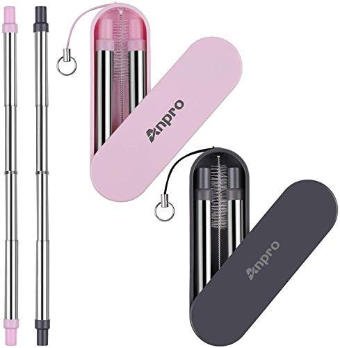 Anpro Reusable Straws Metal - 2 Pack Stainless Steel Drinking Straws, Portable Telescopic Straw with Case & Key Chain & Cleaner Brush, Adjustable Length up to 9 inch, 6.6 mm Diameter