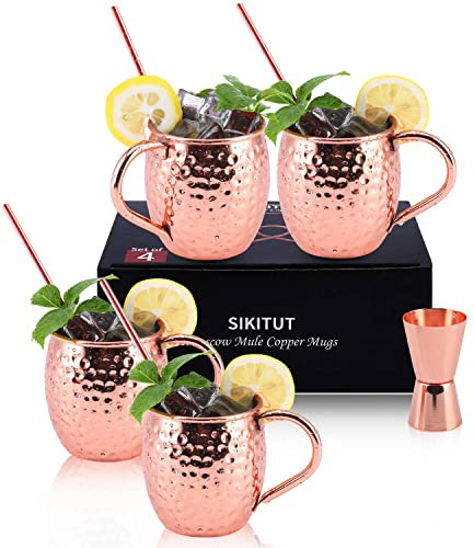 SIKITUT Bicchieri Rame Moscow Mule Set di 4, 100% Tazze Rame Lavorate a Mano, set da 550ml con BONUS: 4 Cannucce di Rame da Cocktail di Alta Qualità e 1 Jigger