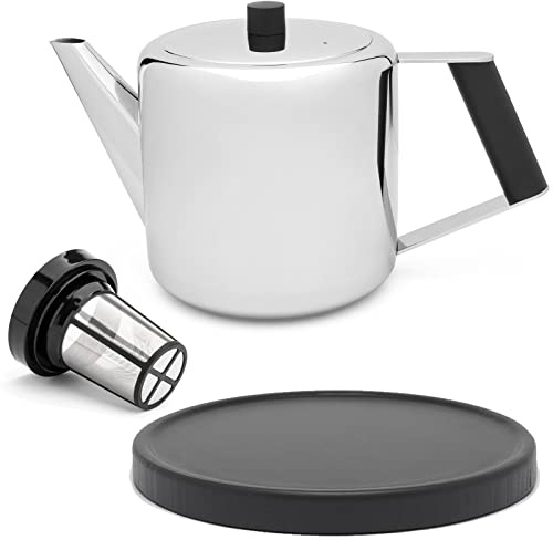 Bredemeijer Teekanne Set 1.1 Liter - Edelstahl doppelwandig Silber - Großer moderner Teebereiter mit Tee-Filter-Sieb-Aufsatz für losen Tee - inkl. Holz-Untersetzer schwarz