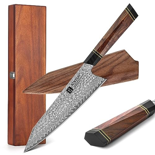 XINZUO Damaststahl 21.5cm Kochmesser, handgeschmiedetes Kiritsuke Chefmesser Profi japanisches Küchenmesser-Wüsten-Eisenholzgriff mit Magnetscheide und Akazienholzkiste