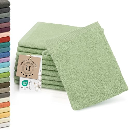 ZOLLNER 10er Set Waschlappen - weiche und saugstarke Waschhandschuhe - waschbar bis 95°C - Baumwolle - 16x21 cm in lindgrün