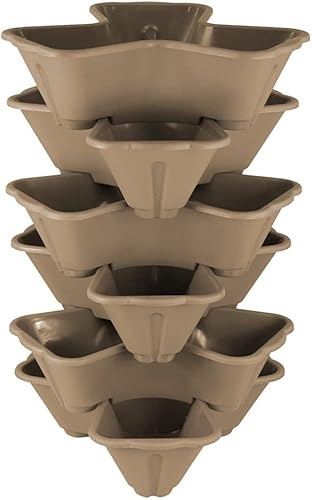 Muddy Hands 6 x Strawberry Planter Trio Stacking Stackable Outdoor Garden Flower Herb Plastic Plant Pot (Taupe)