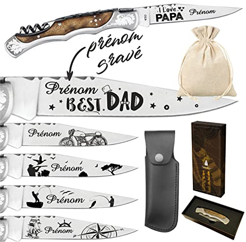 Gravure Events - Couteau Marque Laguiole Bougna Personnalisé avec Dessin et Prénom Gravé en Acier Inoxydable - Cadeau pour Homme : Fête des Pères, Papa, Papi, Papy Anniversaire, Noël