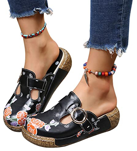Onsoyours Sabots Femme Compensées Clogs Mules Plates Plateforme Sandales en Cuir Eté Pantoufles Chaussures Confort pour Pieds Larges A Noir 37 EU