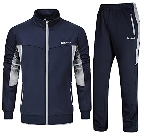 Rdruko Mens Long Sleeve Tracksuits, Light Grey and Navy L