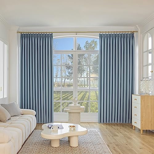MUMFAS Dusty Blue Pinch Pleat Curtain for Bedroom Living Room Solid Thermal Insulated Full Blackout Waterproof Patio Door Curtain Panel Drape for Traverse Rod and Track,72 W x 84 L (One Panel)