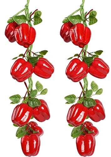 VIOCIWUO Artificial Hanging Bell Pepper String 2Pcs, Simulated Lifelike Hot Chili Vegetable Fruit Garland Vine for Home Kitchen Fruit Shop Supermarket Farm Party Wall Decoration