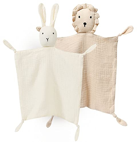 Organic Cotton Muslin Lovey Blanket, Organic Cotton Muslin Bunny & Lion Security Blanket Soft & Breathable Lovie Baby Gifts for Boys and Girls (Beige Bunny/Khaki Lion)
