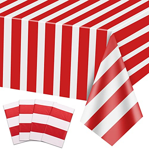 4 Tovaglie a Righe Rosse e Bianche, Decorazioni a Tema Carnevale, Copertura da Tavolo in Plastica da 137 x 274 cm, per Festa Circense, Serata Film, Compleanno dei Bambini, Natale