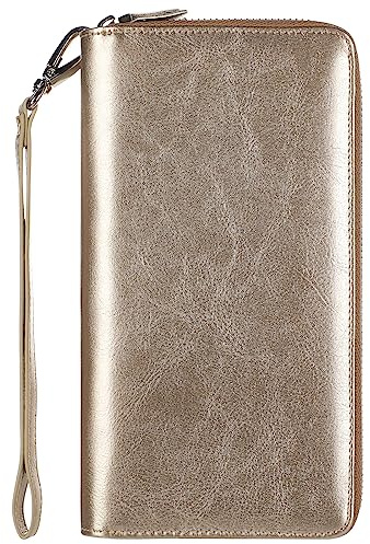 Lavemi Women's 100% Leather Double Zipper Large Capacity RFID Blocking Phone Holder Clutch Travel Purse with Wristlet Strap(Double Zipper Champion Gold)