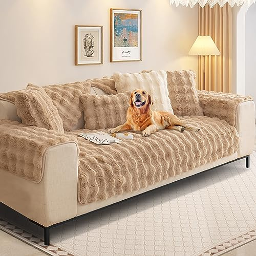 Kaninchen Plüsch Sofabezug L Form 1/2/3/4 Sitzer Sofa Überzug Ecksofa U Form, Neue Universelle Rutschfeste Sofaschoner, Superweiche SofaÜberwurf aus Kunstpelz für Wohnzimmer(Khaki, 90 * 240 cm)