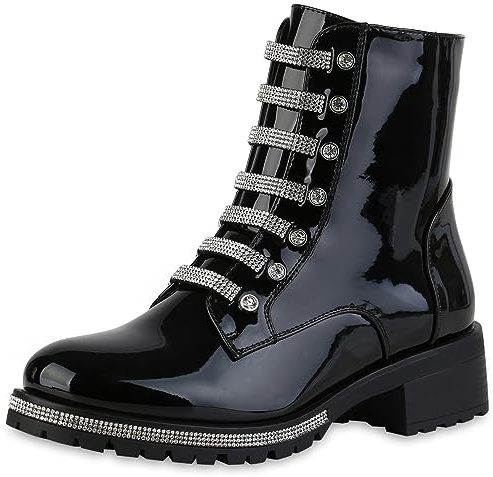VAN HILL Damen Klassische Stiefeletten Blockabsatz Strass Trendy Schuhe 213269 Schwarz Lack 39