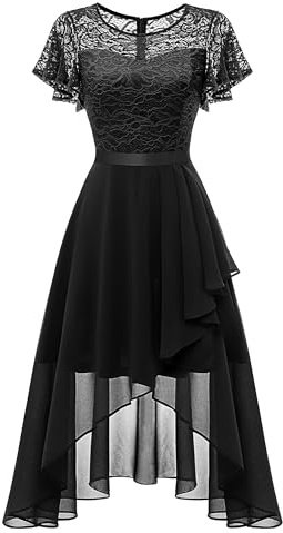 Wedtrend Vestido de noche elegante para mujer, vestido de cóctel de alta a baja, vestido de fiesta de línea A con encaje para boda, vestido corto festivo para mujer de línea A, vestido Vokuhila, Negro