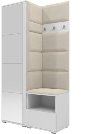 RAVIO Garderoben-Set NELA I mit Spiegel, 100cm Flurgarderobe mit Wandpaneele, Kompaktgarderobe mit Schuhschrank, Inklusive Montagekleber, Praktischer Garderobe (Weiß + Creme (Trinity 01))