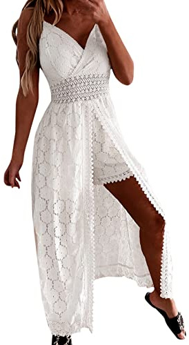 Combinaison Femme Évidée Décolleté Col en V Profond sans Manche Combi-Short avec Jupe Longue Fendue Tricotée en Bretelle Jumpsuit Chic Sexy Grand Taille Voyage (Blanc, XL)