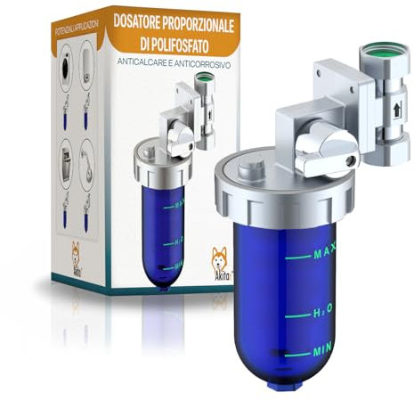 Akitaink Dosatore Proporzionale Polifosfato per Caldaie, Filtro Anticalcare con Valvola arresto By-Pass e Ricarica Inclusa Portata 20l/min, Attacchi 1/2 Orientabilicon Testata in Ottone