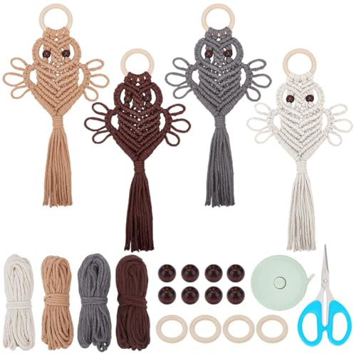 BEUNITONE 4 Set DIY Makramee Eulen Wand hängende Set für Erwachsene Anfänger Boho Makramee Eulen Set Makramee Wand hängende Ornament einzigartige Handwerk Design für Zimmer Makramee Wanddekor