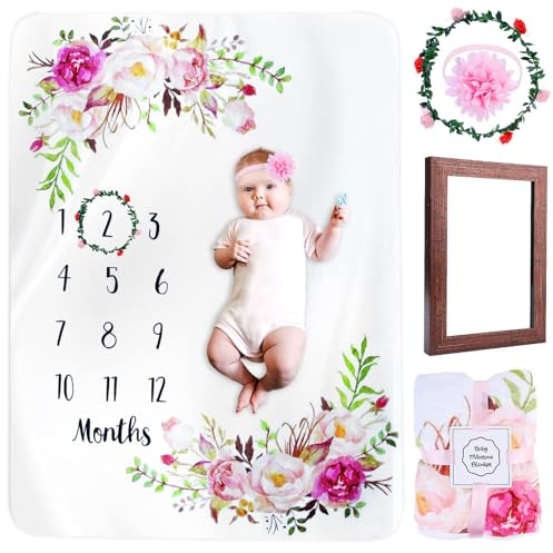 BORDEAG Coperta Migliaia per Neonati, Coperta Mensile con Motivo Floreale, Coperta Mensile per Bambino e Bambina, Coperta Mensile con Mese come Regalo per Nascita 130x100cm