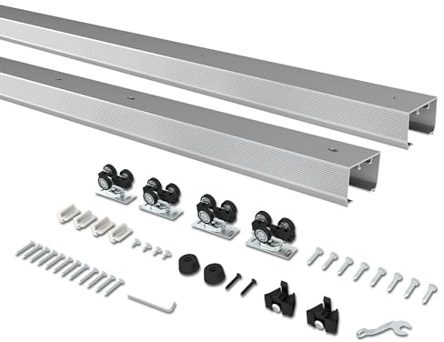 BarnBase 8FT Double Pocket Door Track Kit, 2 Sets of 44.69 Rail, Suitable for Double Door Width 48(Single Panel 24), Slide Quietly and Smoothly, Easy to Install