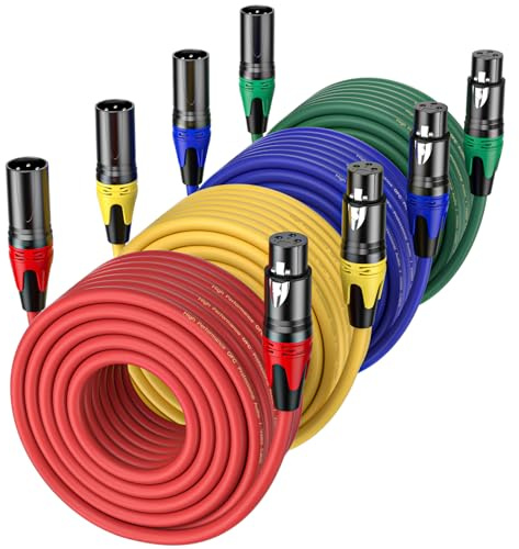 Jozzai XLR-Kabel, 15,2 m, 4 Stück, symmetrisches Premium-Mikrofonkabel mit 3-poligem XLR-Stecker auf Buchse, Mikrofon-Lautsprecherkabel, 4 Farben (rot, gelb, grün, blau), reines Kupfer und