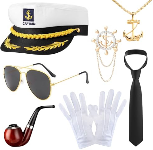 ZITUZY 7-teiliges Kapitänsmützen-Set für Erwachsene, Kapitänsmütze Kostüm Set, Yacht Kapitän Hut, für Erwachsene, Frauen, Männer, Karneval, Mottoparty, Cosplay