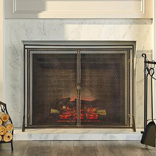 Pare-feu cheminée Moderne et Simple Maille 39 × 30 Pouces, Grand Panneau Simple Fer forgé avec 2 Portes pour feu Ouvert/Feux à gaz/poêle à Bois