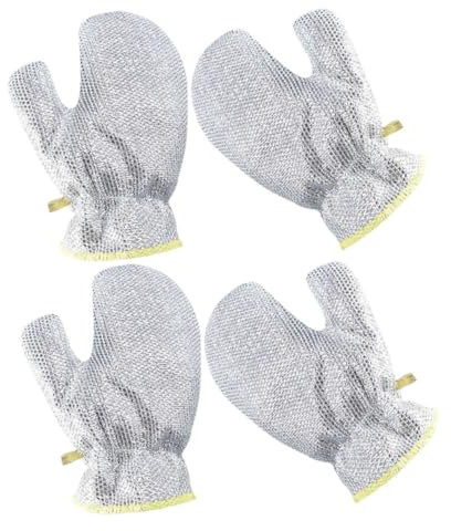 SKISUNO Steel Wool Kitchen Gloves 2 Pairs Waterproof Dishwashing Gloves Wire Scrubber Mitts Silver Multipurpose for Kitchen and Household Use