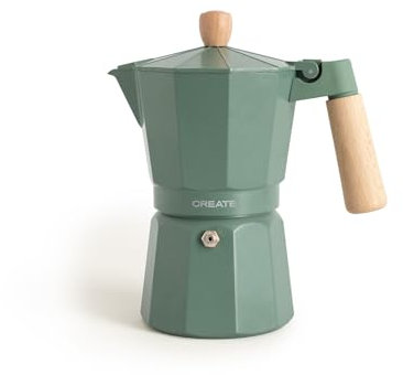 CREATE / THERA MOKA RETRO/Cafetera italiana verde sage 450 ml/Capacidad de 9 tazas, fabricada en aluminio, válvula de seguridad, apta para gas, cocina eléctrica o vitro