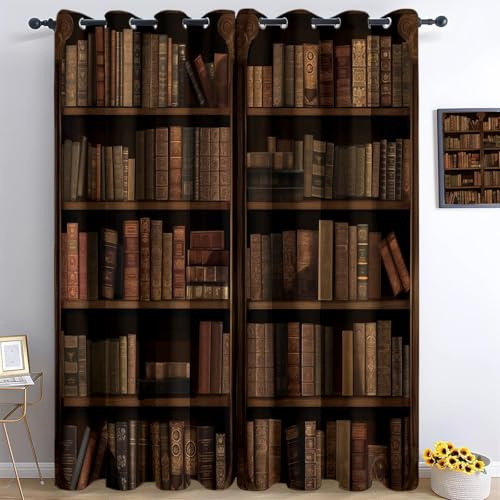 Generico Tende Oscuranti Termiche Isolanti Libreria Vintage Libri Tende Finestre Soggiorno Moderne 2 Pezzi Stampa 3D Tende Oscuranti Termiche Isolanti con Occhielli L75 x A166 cm