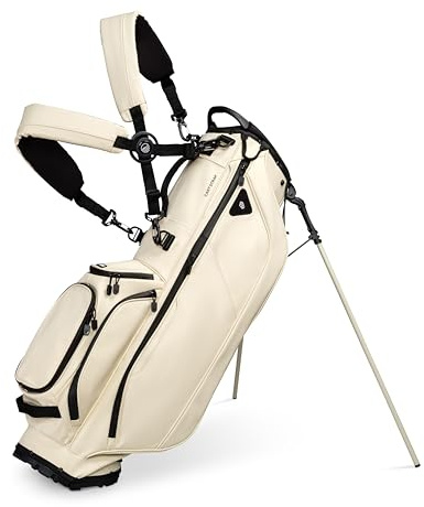 Sunday Golf Ryder S Class Golftasche in voller Größe – wasserabweisendes veganes Leder, Golftaschen für Herren, leicht zu reinigende Oberfläche, Golftasche mit Rucksackgurt, 5-Wege-Trennwand, Creme