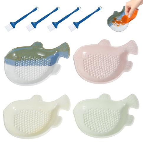 4Pcs Ceramic Grater Dish Small Fish Shape Garlic Ginger Grater Plate Multifunctional Grinding Disc for Wasabi Ginger Garlic Carrot Fruits Vegetables Used for Home Kitchen Cooking Preparation