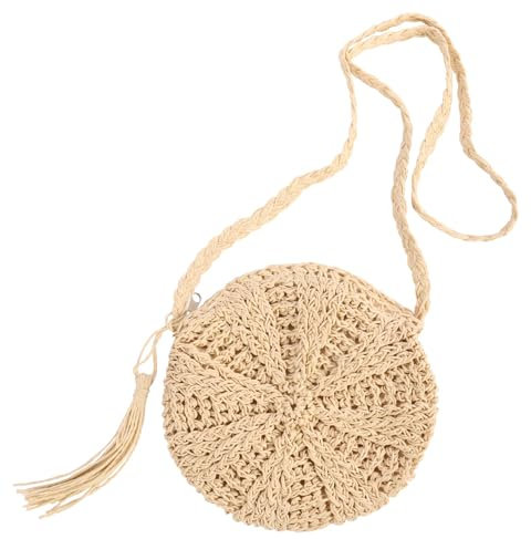 Bomiclss Straw Shoulder Bag for Women Beach Crossbody Tote with Zipper Handmade Round Woven Handle Bohemian Purse Summer Tassel Outdoor Travel Straw Handbag (beige)