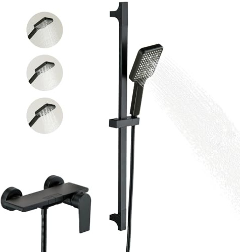 BAITUJIE Badewannenarmatur Schwarz, Armatur Badewanne mit Handbrause Wannenarmatur Wasserfall mit Anhebbare Duschstange Duschsystem Duscharmatur Set