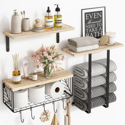 Fixwal Bathroom Floating Shelves Over Toilet Wall Shelves Set with Towel Storage Rack for Bathroom Organization & Wall Decor(Rustic Brown)