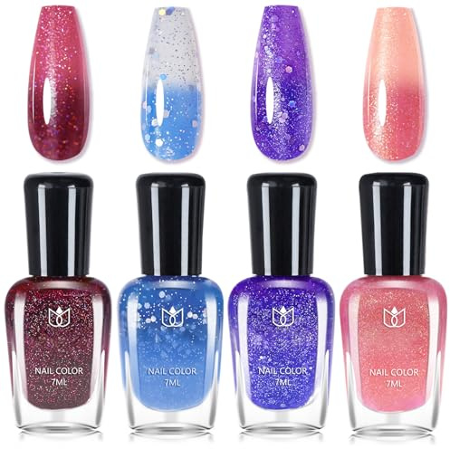 Colour Changing Polish Set - 60 Seconds Glitter Nail Varnish Quick Dry - 4PCS Temperature Sparkly nail polish - No Bake Coral Orange Red Purple Blue Nail Varnish - Breathable & Non Chip Long Lasting