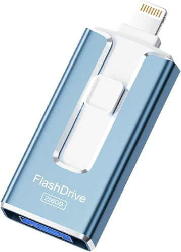 SUDEHO MFi Certified 256GB Pendrive para iPhone, 4 en 1 Memoria Externa Pen Drive, USB 3.0 Unidad Flash para Guardar Más Fotos Vídeos, USB c Flash Drive para iPad/iOS/Android/Mac/PC,Azul