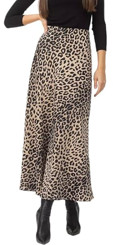 LIEROLYE Maxi Skirts for Women, Satin Silk Leopard Print Long Skirts Stretch High Waist Elastic Waistband A-Line Skirt(Beige,L)
