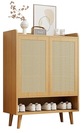 Senmate Armadietto per Scarpe in Rattan Naturale, Comò Ingresso con 3 Ante, 1 Cassetto e 5 Ripiani Regolabili, Mobile per Corridoio con Gambe in Legno Massello e Maniglia Metallica (B80/H105/T35 cm)