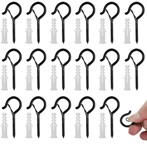 18 Pcs Screw in Hooks for Wood, Q Hanger Hooks Outdoor, Black Celling Hook Screws with Safety Buckle for Hanging Fairy Lights Christmas String Lights Plants Mugs Bird Feeders Cups, with 18 Plugs